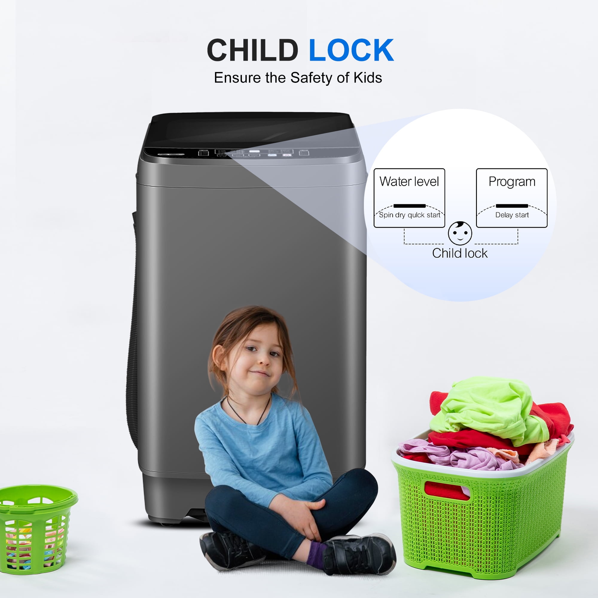 GGTB 30lbs Portable Washing Machine - Fully Automatic with Stainless Steel Tub, 10 Wash Programs, 8 Water Levels, Large Capacity Drain Pump - Perfect for Apartments, Dorms