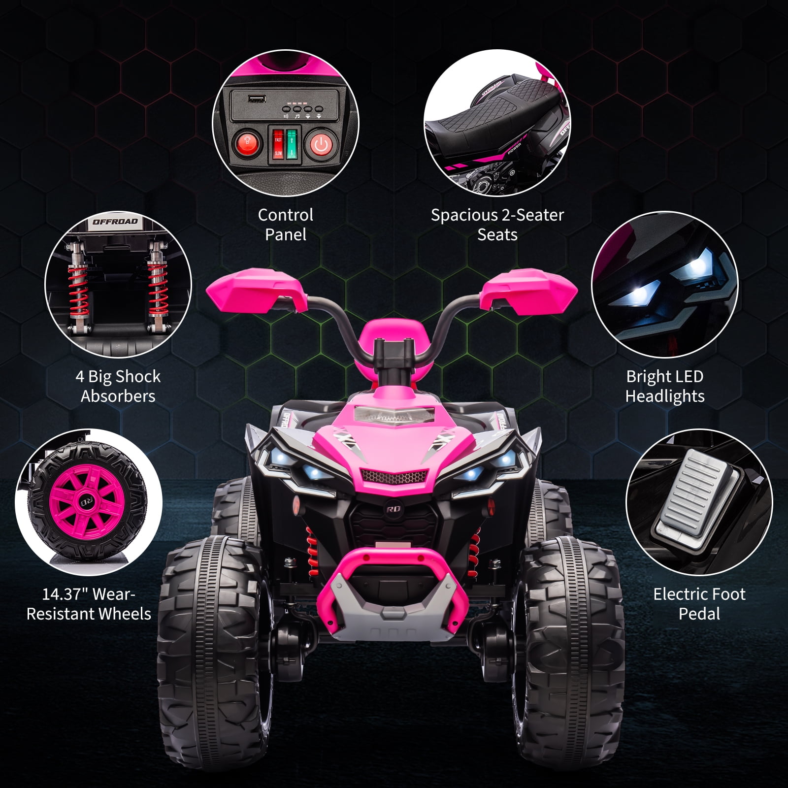 24V 2 Seater Kids ATV, 4-Wheeler Electric ATV, Off-Road Dirt Quad Car with Powerful Motors, 14.4" Wheels, High Low Speed, Music, LED Lights, Best Gift for Boys and Girls