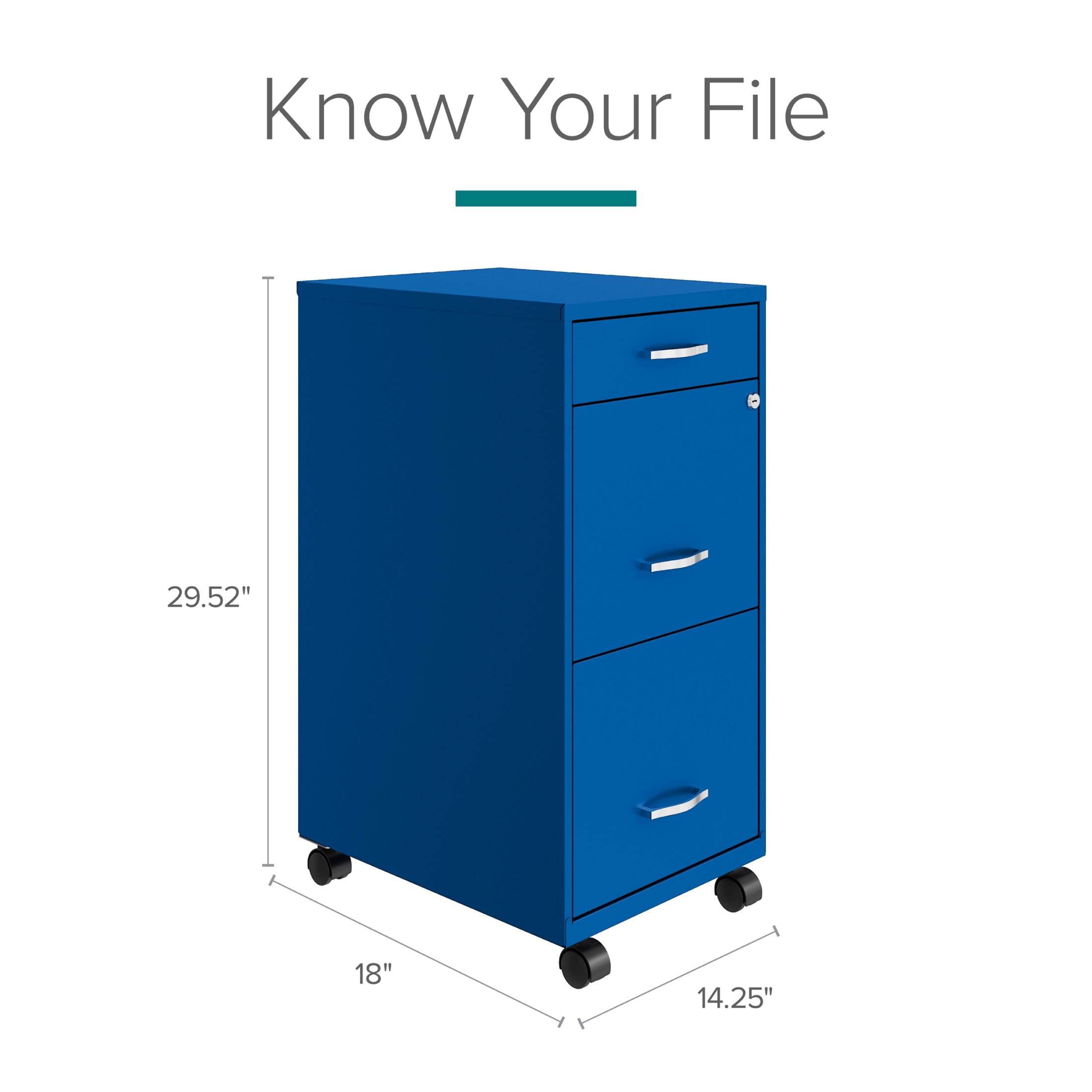 Space Solutions 18" Deep 3 Drawer Mobile Letter Width Vertical File Cabinet, Blue