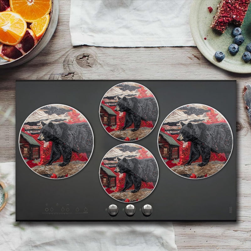 BaHomeck Electric Stove Burner Covers Set of 4,Round Metal Gas Stove Burner Covers 8 Inch and 10 Inch,Kitchen Decor,Black Bear Walking In Front Of Old Log Cabin