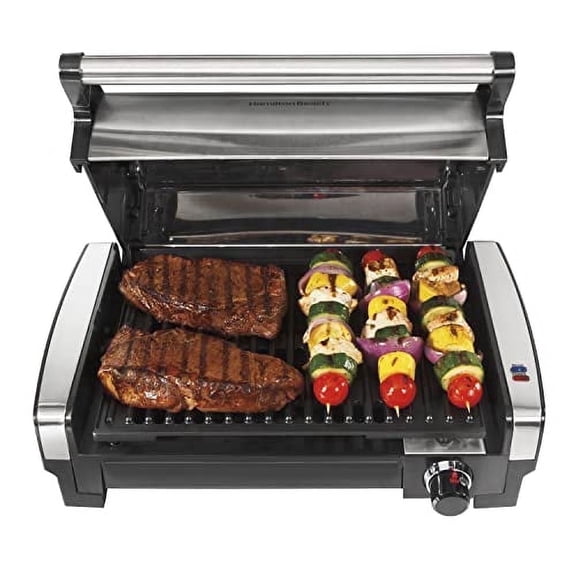 Hamilton Beach Electric Indoor Searing Grill with Adjustable Temperature Control to 450F, Removable Nonstick Grate, 118 sq. in. Surface Serves 6, Stainless Steel