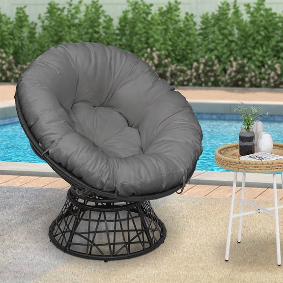 Abble Outdoor Patio Wicker Papasan Chair with 360-Degree Swivel and Gray Cushion