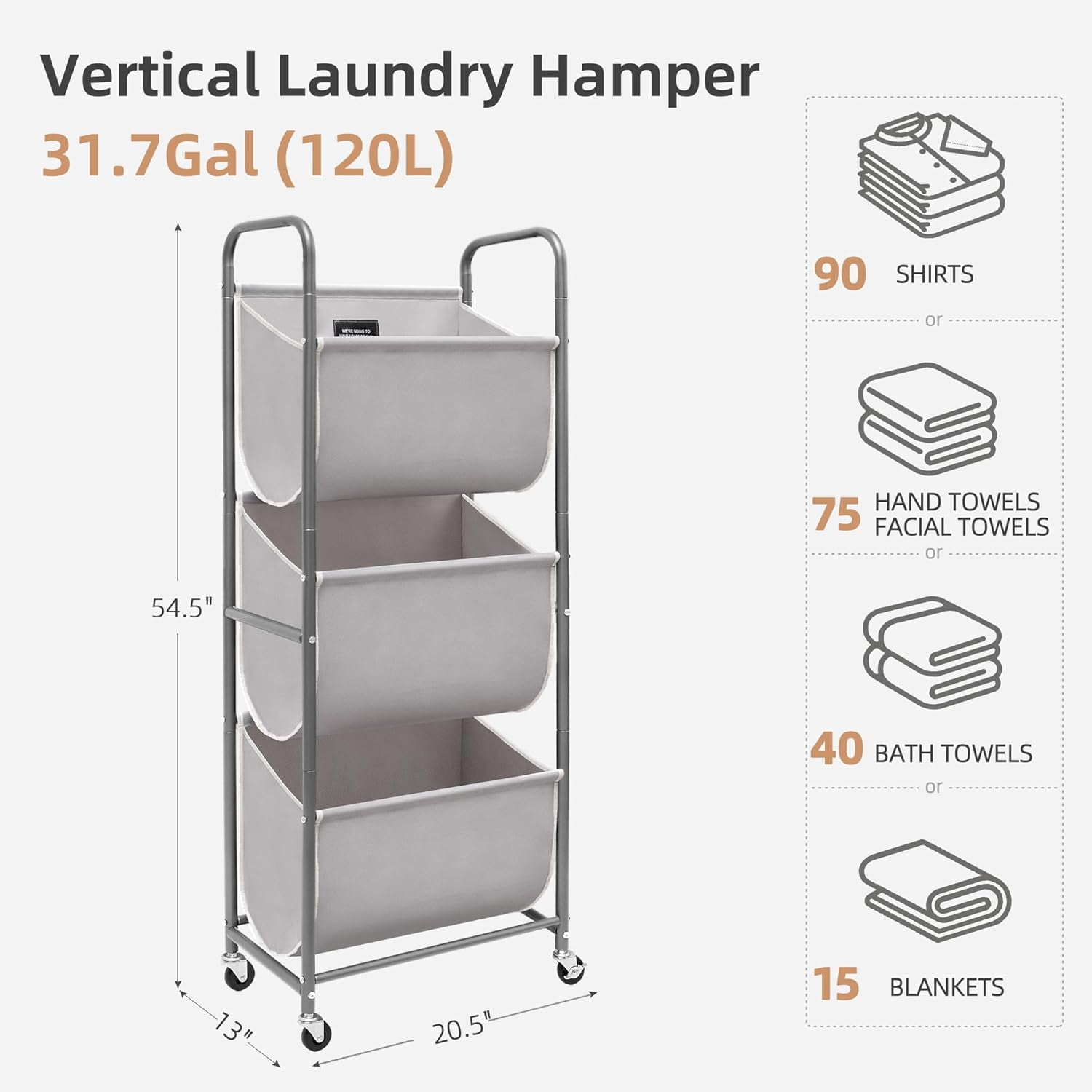 120 Liters Vertical Rolling Laundry Hamper, 3 Section Laundry Sorter with Wheels and 2 Breaks, 3-tier Laundry Baskets for Small Space, Dorm, Laundry Room, Closet, Bathroom, Gray 3-tier