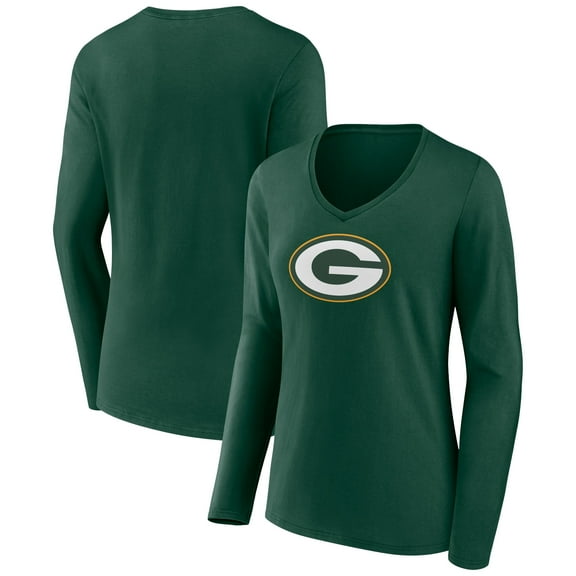 Women's Green Green Bay Packers Primary Team Logo Long Sleeve V-Neck T-Shirt