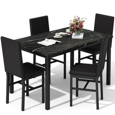 Lamerge Marble Kitchen Dining Set with 4 Upholstered Velvet Chairs for Home Kitchen, Living Room, Dining Room, Black