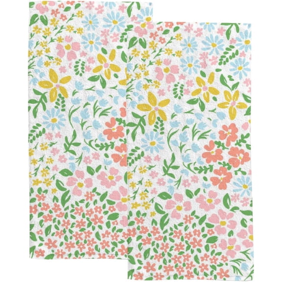 Coolnut Fingertip Hand Towels, Set of 2 Pcs Floral Colorful Pattern on White Absorbent Face Bath Towels for Bathroom Kitchen, 30"x15"