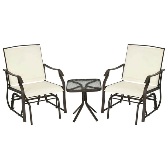Yardi Yarda 3 Piece Glider Chair with Coffee Table Bistro Set, 2 Patio Rocking Swing Chairs with Breathable Sling Fabric and Glass Tabletop, Cream White