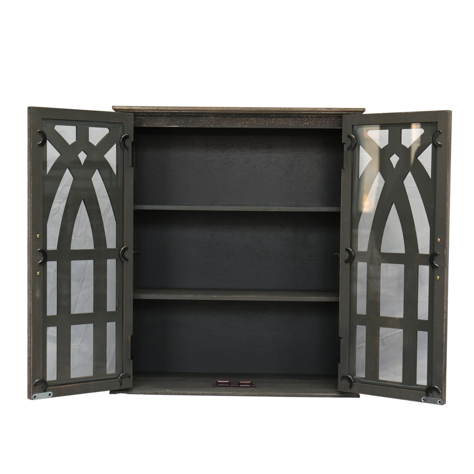 AENKYO 24" Farmhouse Wall Mounted Cabinet, Vintage Wood Medicine Cabinet with Arched Glass Doors, Distressed Grey