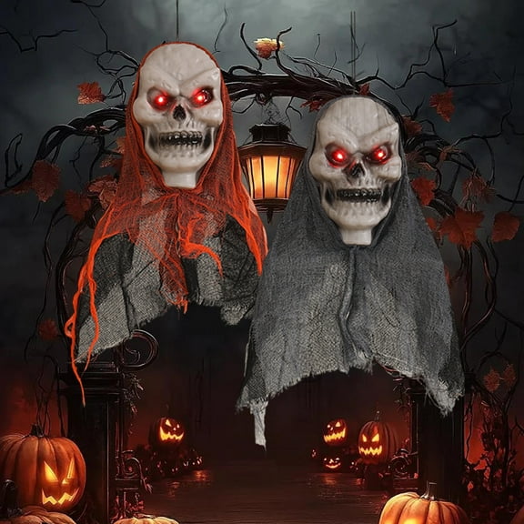 Halloween AnimatedGhost Head Decorations,2Pcs Hanging Skeleton Props,Scary Light Up Red Eyes Ghost Decor for Haunted House,Porch Lawn,Flying Ghosts Decor