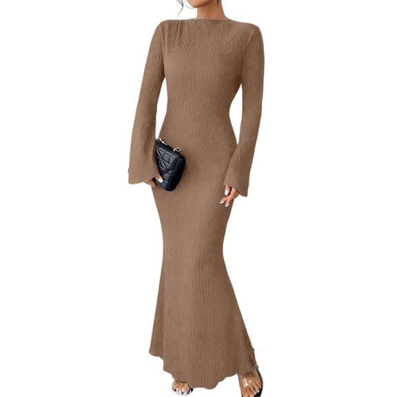 Women'S Long Sleeve Maxi Dress Ribbed Knit Boat Neck Bodycon Casual Dresses Going Out Outfits Camel Color M