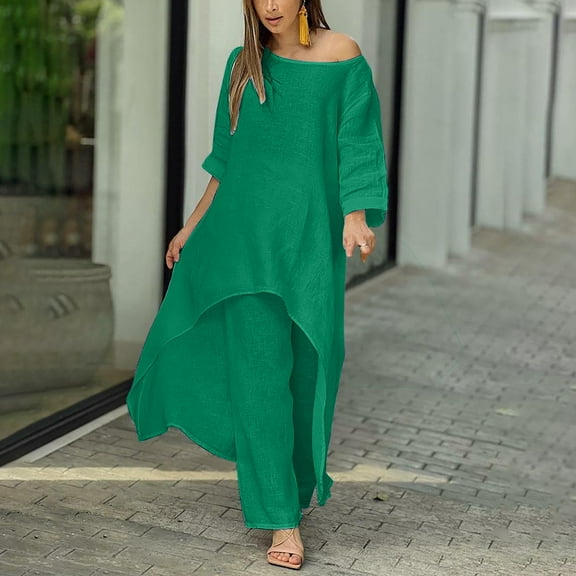 QLEICOM Women's 2 Piece Outfits Slit Hem Longline Blouse and Wide Leg Pants Set Plus Size Green 3XL, US Size 14