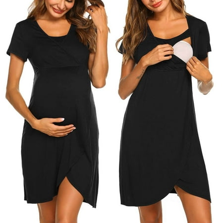 

VBXOAE Woman Solid Short Sleeve Breast-Feeding Pregnant Maternity Nursing Dress