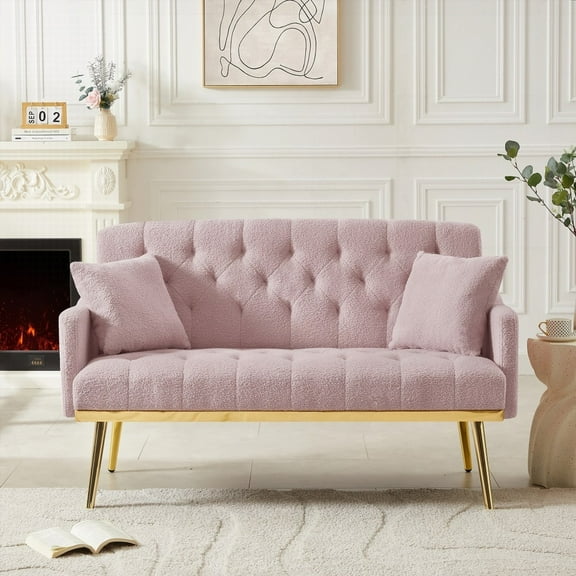 Modern Pink Teddy Fabric 2-Seater Sofa with Solid Wood Frame