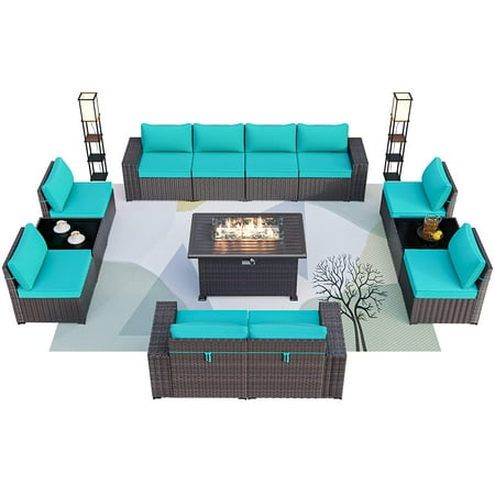 Gotland 13 Pieces Outdoor Patio Furniture Set with Propane 43 Fire Pit Table Outdoor Sectional Sofa Sets Patio PE Rattan Patio Conversation Set (Blue)