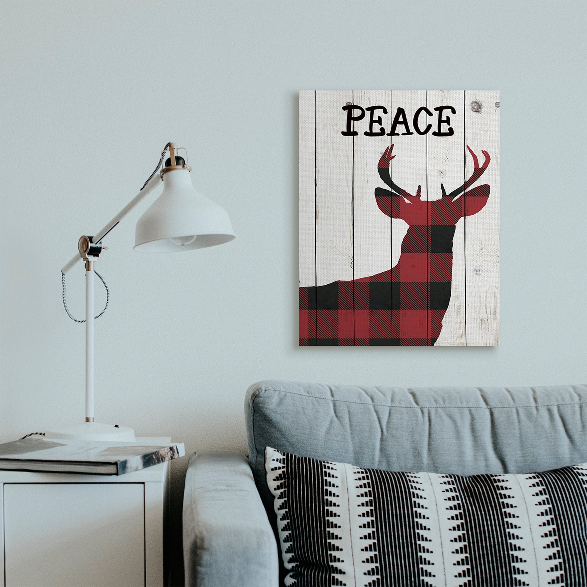 Stupell Industries Checker Plaid Reindeer Rustic Peace Text Holiday Painting Gallery Wrapped Canvas Art Print Wall Art, 24 x 30
