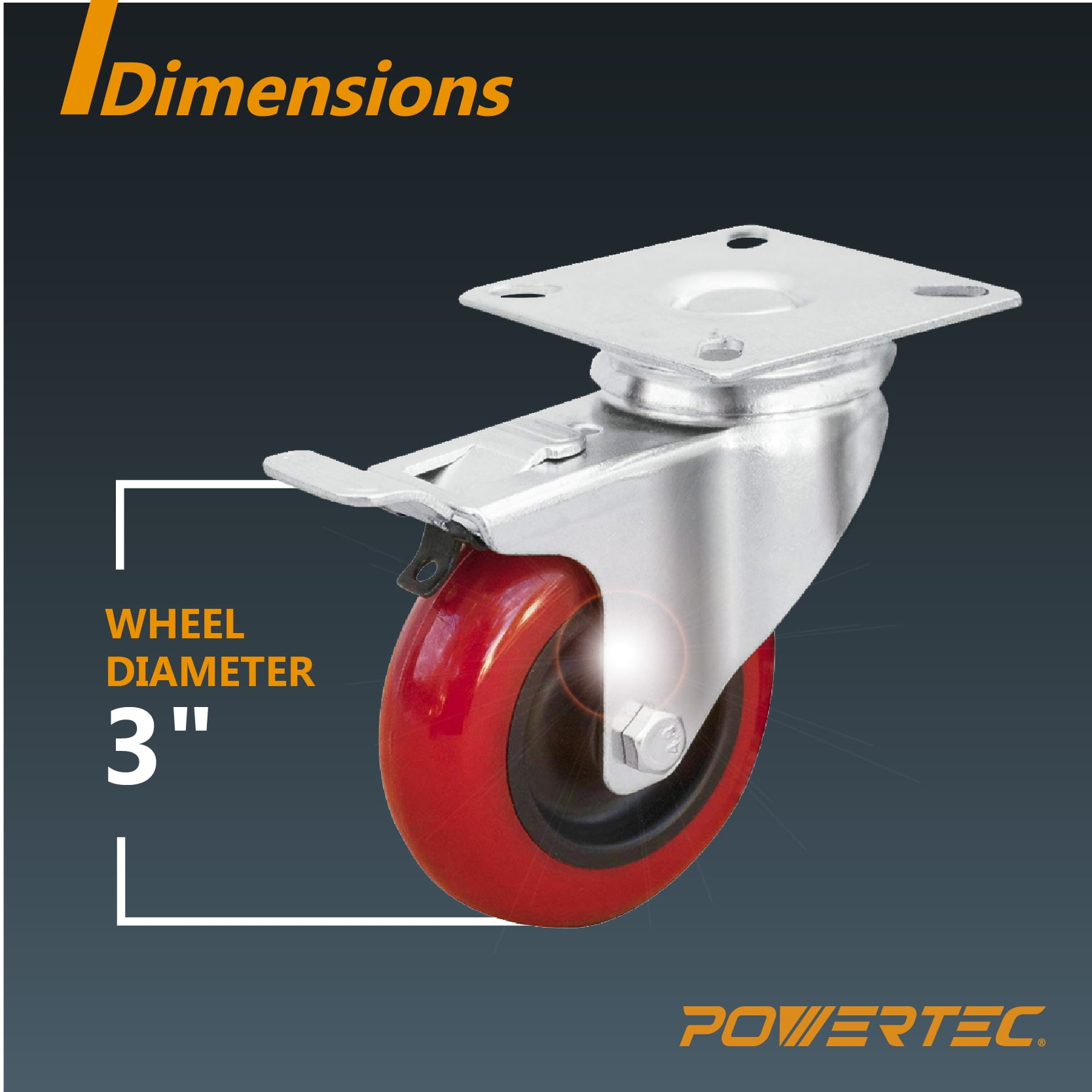 POWERTEC 4PK 3-Inch Swivel Caster Wheels with Brake & 640 lbs Loads, Heavy Duty Plate Casters, Dual Locking PU Castor Wheels for Furniture, Cart, Dolly and Workbench (17205)
