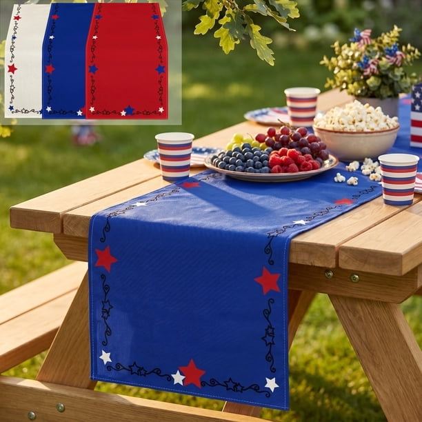 Juego de camino de mesa patriótico del 4 de julio - Ropa decorativa decorativa del Día de la Independencia, decoración de mesa estilo bandera americana, decoración festiva para fiestas en casa