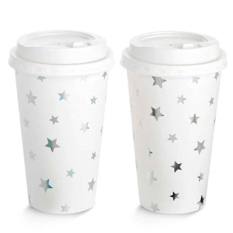 48 Pack Insulated Disposable Hot Coffee Cups with Lids, 4 Assorted Foil  Star Designs (16 oz)