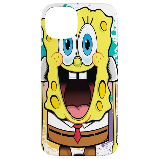 Funda para iPhone 15+ con diseño de Bob Esponja y salpicaduras de pintura