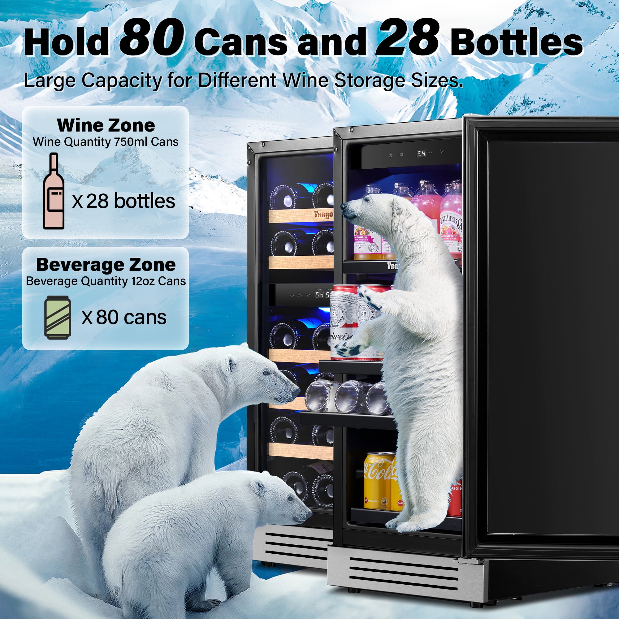 Yeego 30" Wine and Beverage Refrigerator, Two 15" Wine Beverage Coolers Under Counter Wine Fridge, Hold 28 Bottles and 80 Cans