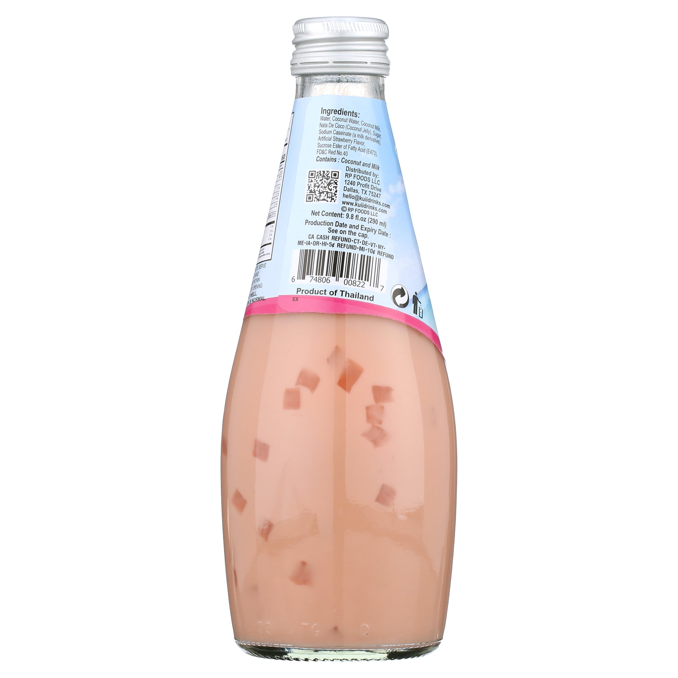 (6 pack) Kuii Drinks Coconut Milk with Nata de Coco, Strawberry, 290 mL Single Glass Bottle