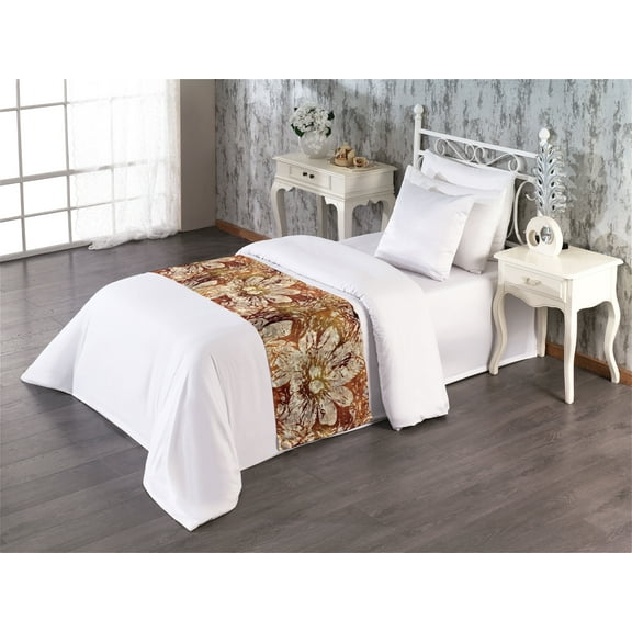 Floral Bed Runner, Grunge Flower Sketches in Sunset Color Palette Weathered Effect Ornament, Decorative Accent Bedding Scarf for Hotels Homes & Guest Rooms, Twin, Burgundy and Amber, by Ambesonne