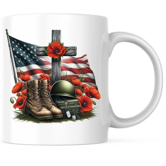 American Flag with Cross Solider Boots Coffee Mug - Remember the Fallen Military - 11 Ounce Coffee Mug - Microwave & Dishwasher Safe - White Handle & Interior - Printed On Both Sides - BMCM01085