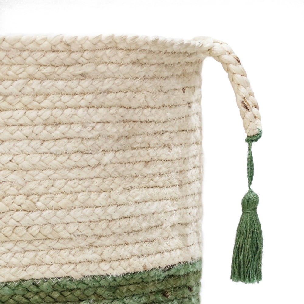 LR Home Woven Round Jute 19" Storage Basket with Handles, Green/White Stripe