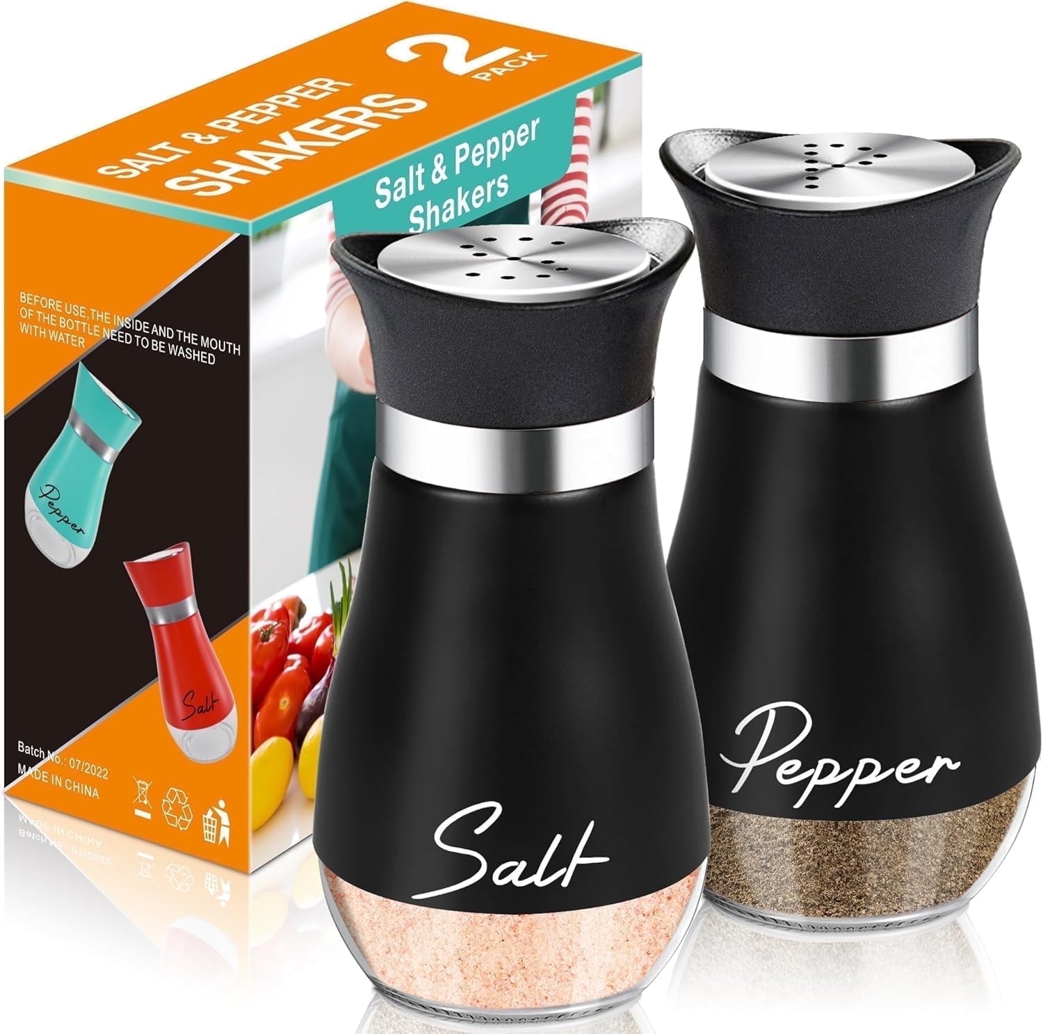 DECUIOCC Ceramic Salt & Pepper Shaker Set - Glass Bottles, Adjustable Lid Holes, With Tray & Funnel