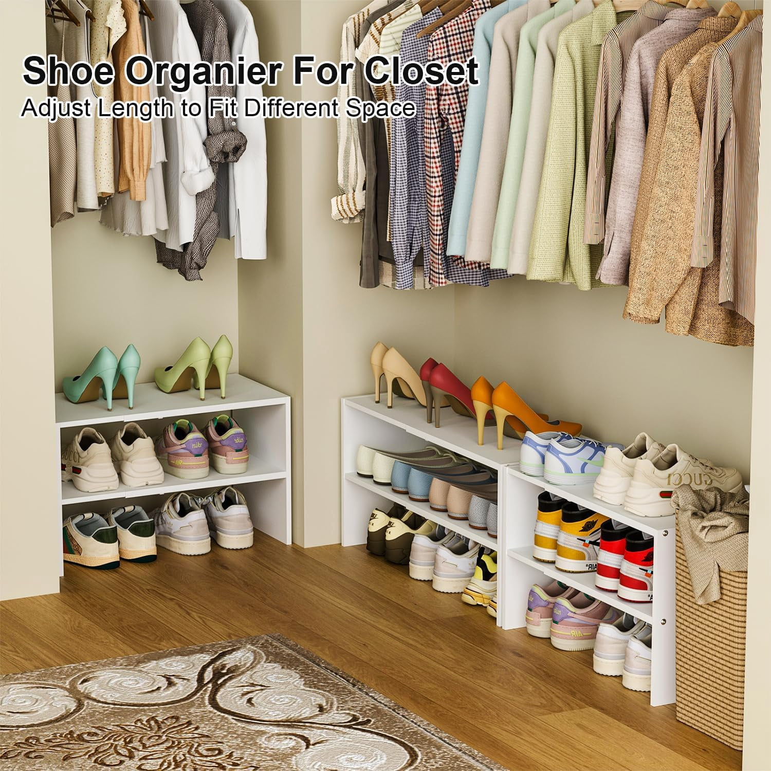 2 Pack White Shoe Rack for Closet, 2-Tier Expandable Small Shoe Shelf, Stackable Iron Wood Combination Shoe Organizer Racks Shelves for Closets, Entryway, Hallway, Garage, Holds 12-24 Pairs