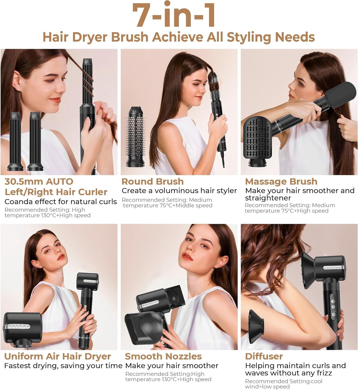 7-in-1 Hair Dryer Brush Set with Diffuser & Concentrator - Professional Ionic Hot Air Styler with Auto-Wrap Curler for Straight, Wavy & Curly Hair, Includes Storage Case