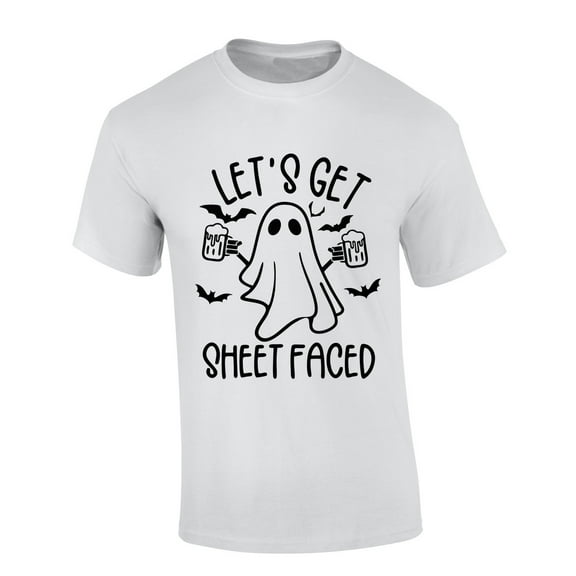 Mens Halloween Tshirt Let's Get Sheet Faced Beer Ghost Funny Short Sleeve T-shirt Graphic Tee-White-small