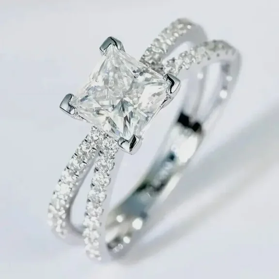 Aishvi Jewels 3Ct Princess Cut Moissanite Women Split Shank Engagement Ring 14K White Gold Plated