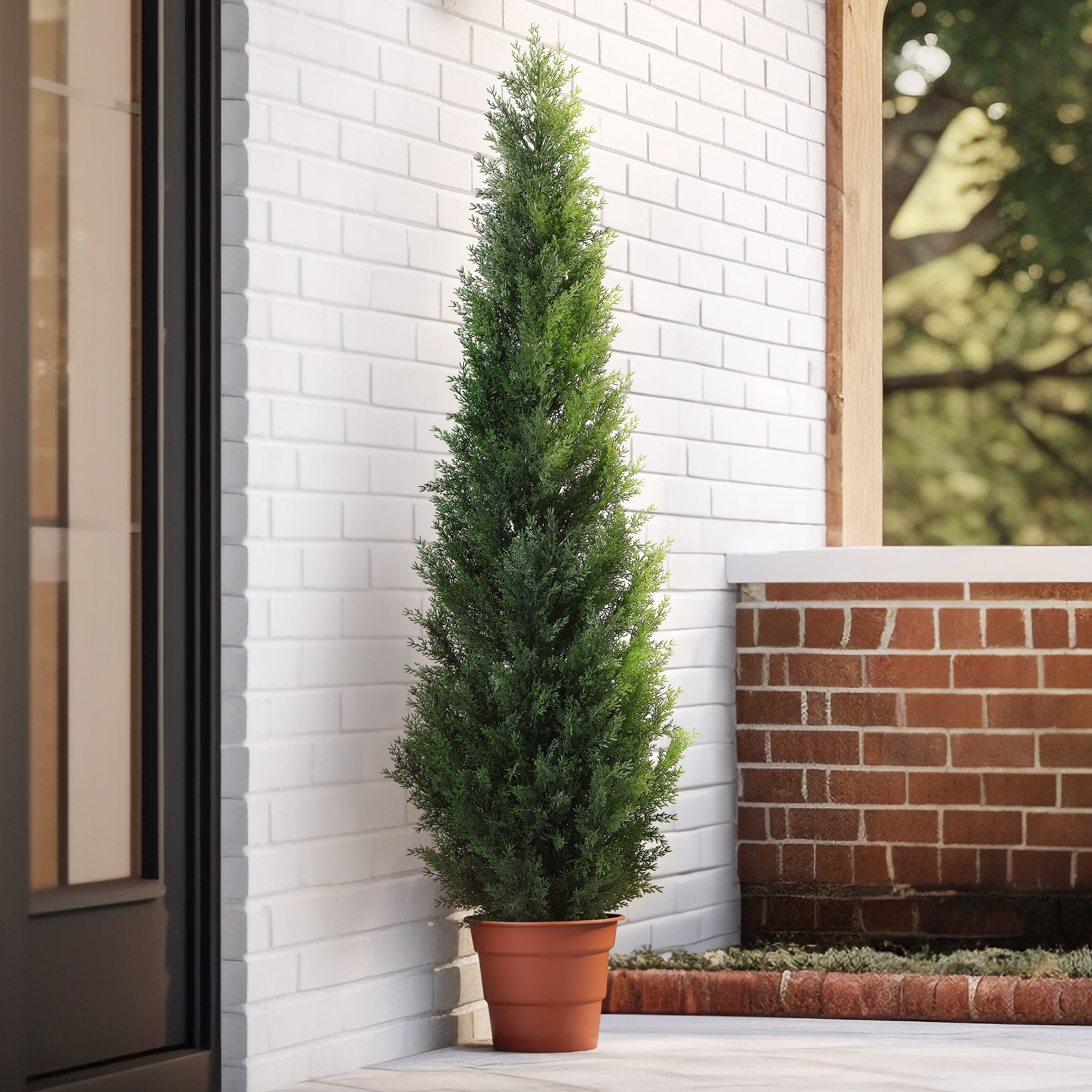 DR.Planzen Artificial Cedar Tree 2 Pack 5 ft Artificial Cedar Topiary Trees for Outdoors Potted Fake Cypress Trees Faux Evergreen Plants for Home Porch Decor Set of 2