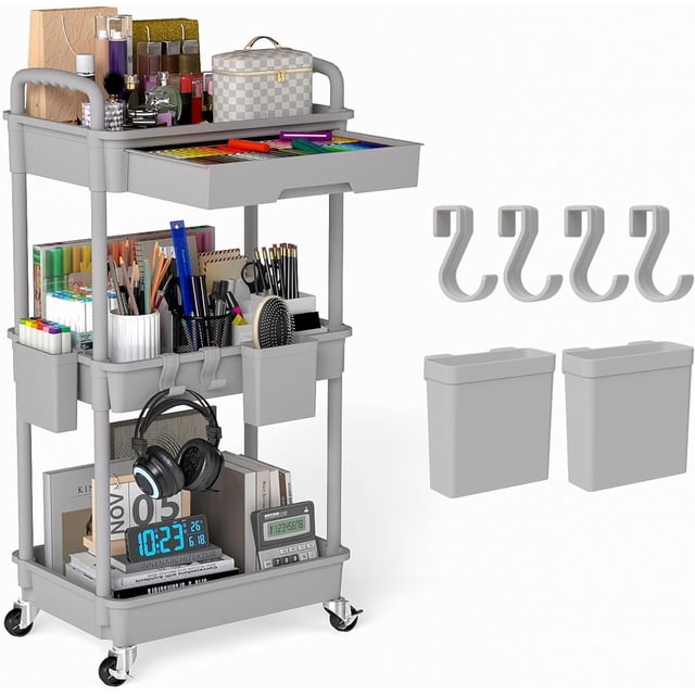 LLMRR 3 Tier Rolling Utility Cart with Drawer, Cart with Drawer & Handle, Bathroom Cart Organizer, Rolling Storage Cart with Drawer, Rolling Cart with Lockable Wheels for Kitchen, Office, Grey