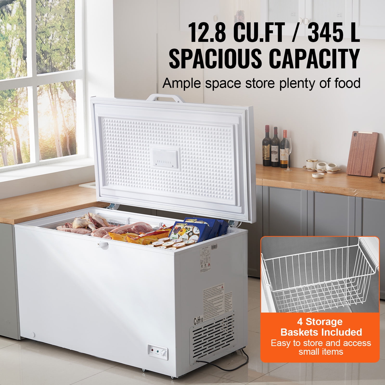 KFFKFF 12.8 Cu.ft / 345 L  Top-Open Chest Freezer with 7-Speed​Temperature Control 4 Removable Storage Baskets, Freestanding 6 Wheels