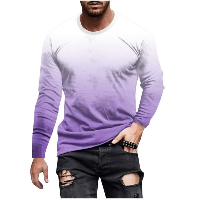 Dagugfen Tops for Men Plus Size Long Sleeve Crewneck Slim Gradient Color Comfy Casual Tee Tops