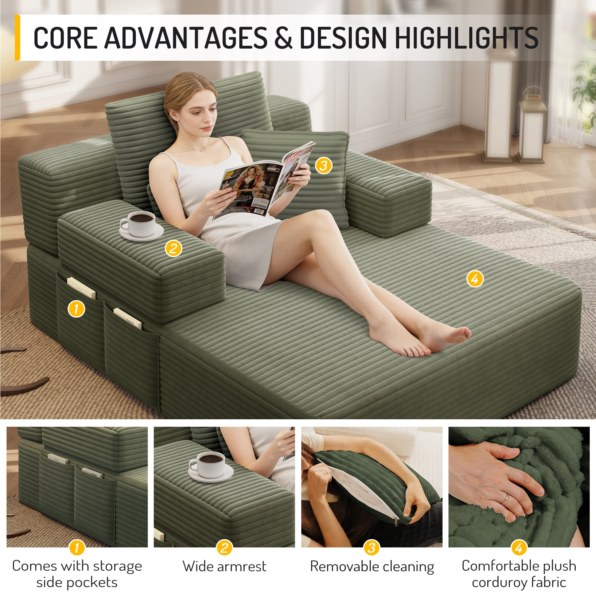 MOONMISS Chaise Lounge Chair Indoor, Corduroy Boneless Sofa Bed, Deep Seat Sleeper Couch Reading Chairs, Cloud Sofas Couches for Living Room, No Assembly Required,Green