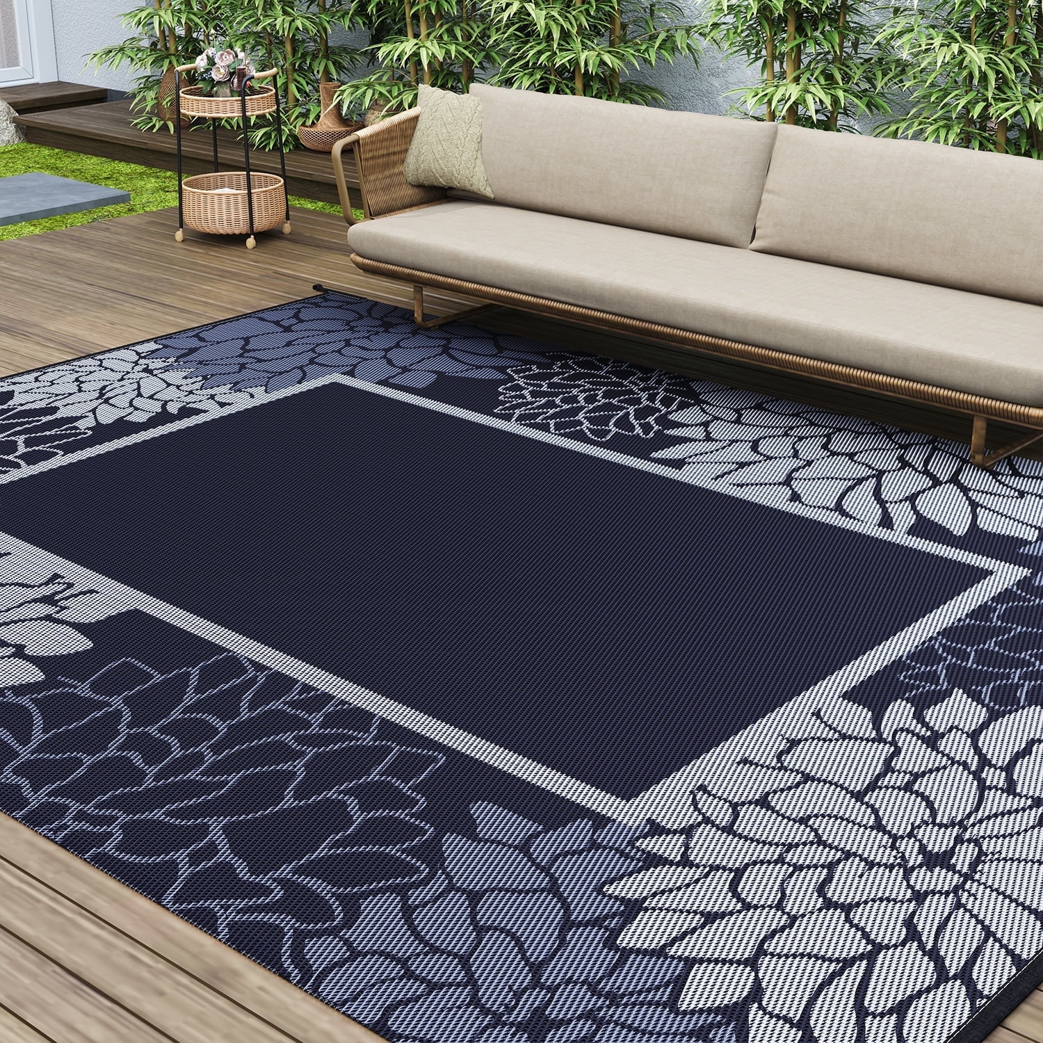 SIXHOME Outdoor Rug 6'x9' Waterproof Reversible Patio Rug Floral Border Plastic Straw Indoor Outdoor Rug for RV Camping Garden Picnic Beach Deck Backyard Porch Decor Blue and Gray