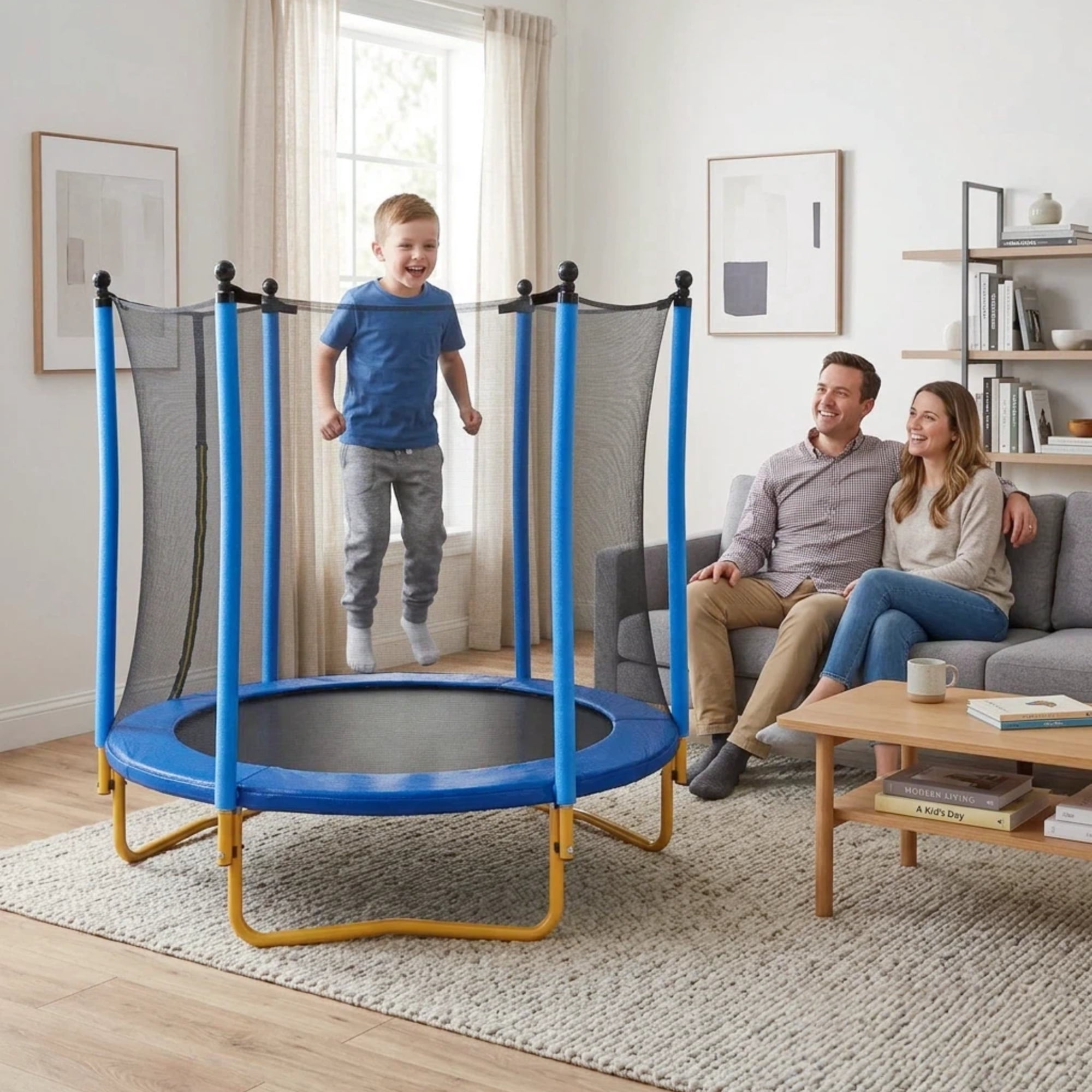 Arspjes 5.5 FT Trampoline for Kids,Indoor Outdoor Trampoline with Safety Enclosure Net,U-Shaped Stable Legs, Foam Padded Poles,Blue