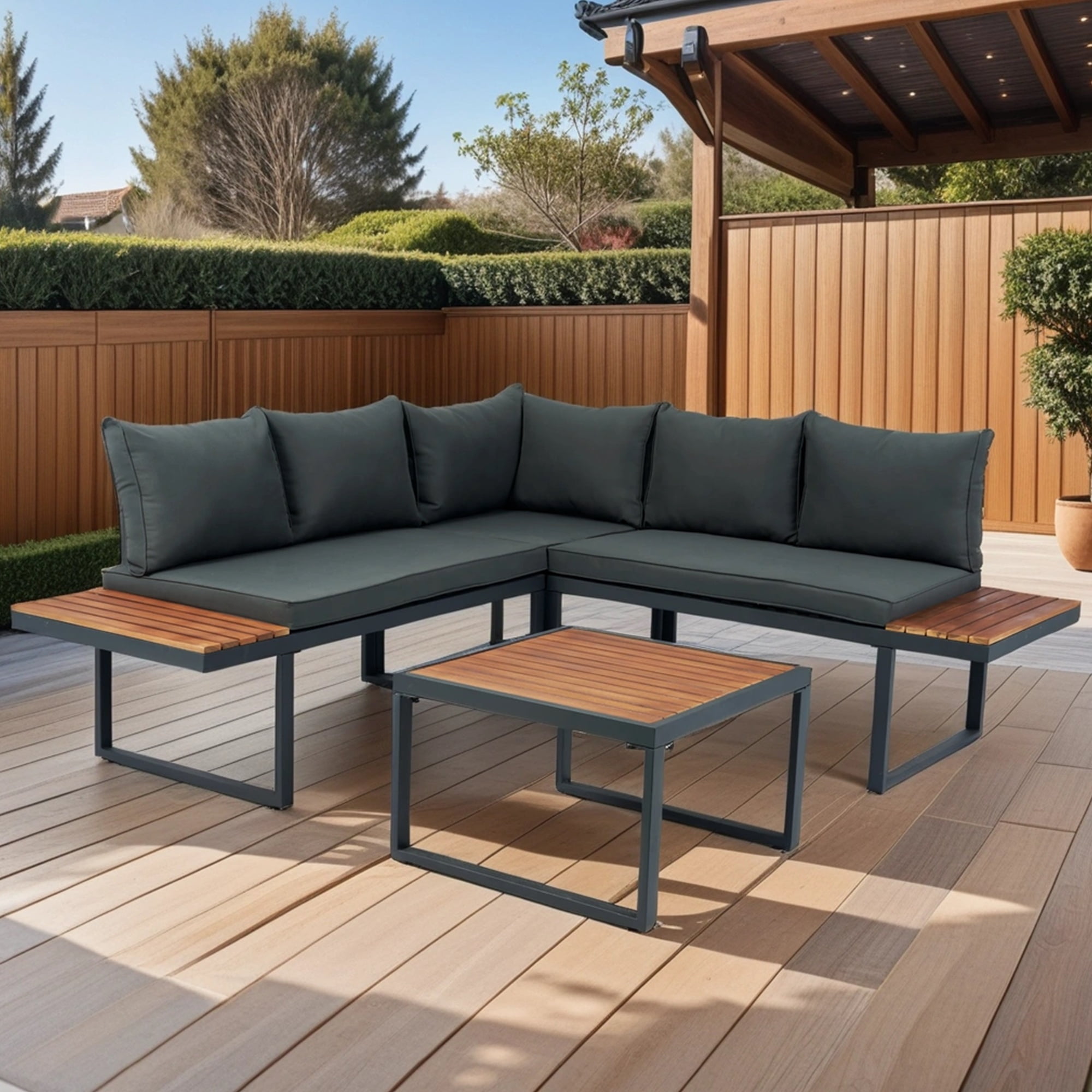 PORKISS 4 Pieces Outdoor Patio Set, Wicker L-Shaped Sectional Sofa Set with Wood Side Table and Cushions, Modern 5-Seater Conversation Set for Garden, Yard, Poolside, Dark Grey