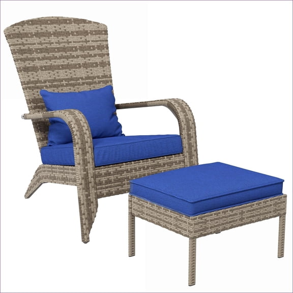 Outdoor Adirondack Chair Set with Ottoman, All-Weather PE Rattan for Patio Deck Backyard, Navy Blue | Steel | Solid Back