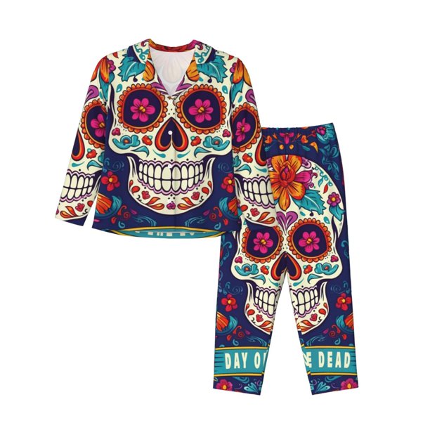 Fotbe Dead Day Party Conjunto de Pijama de Manga Larga para Mujer con Estampado, Ropa de Dormir de 2 Piezas, Conjunto de Casa Suave y Cómodo con Bolsillos-Small
