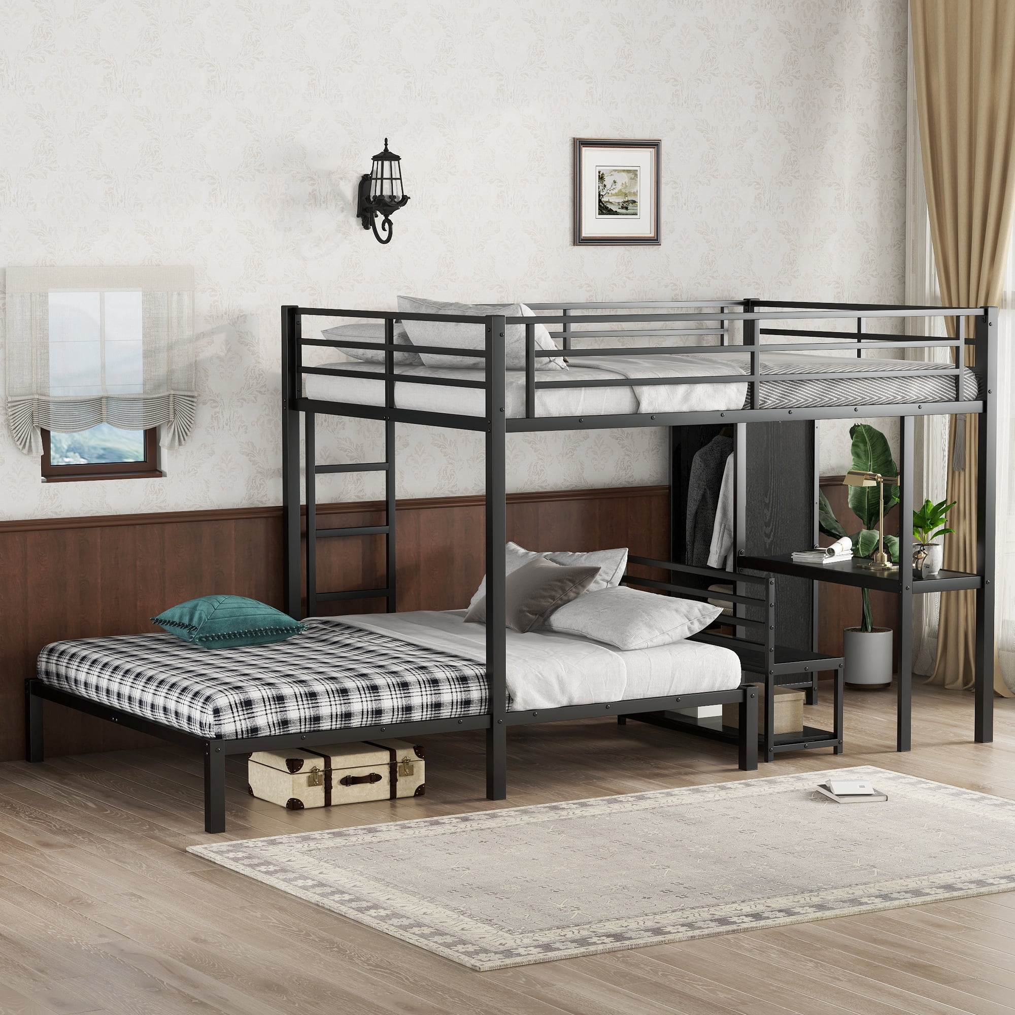 Queen over Queen Bunk Bed with Built-in Wardrobe,Heavy Duty Metal Bunk Bed with Desk and Storage Chairs,Black