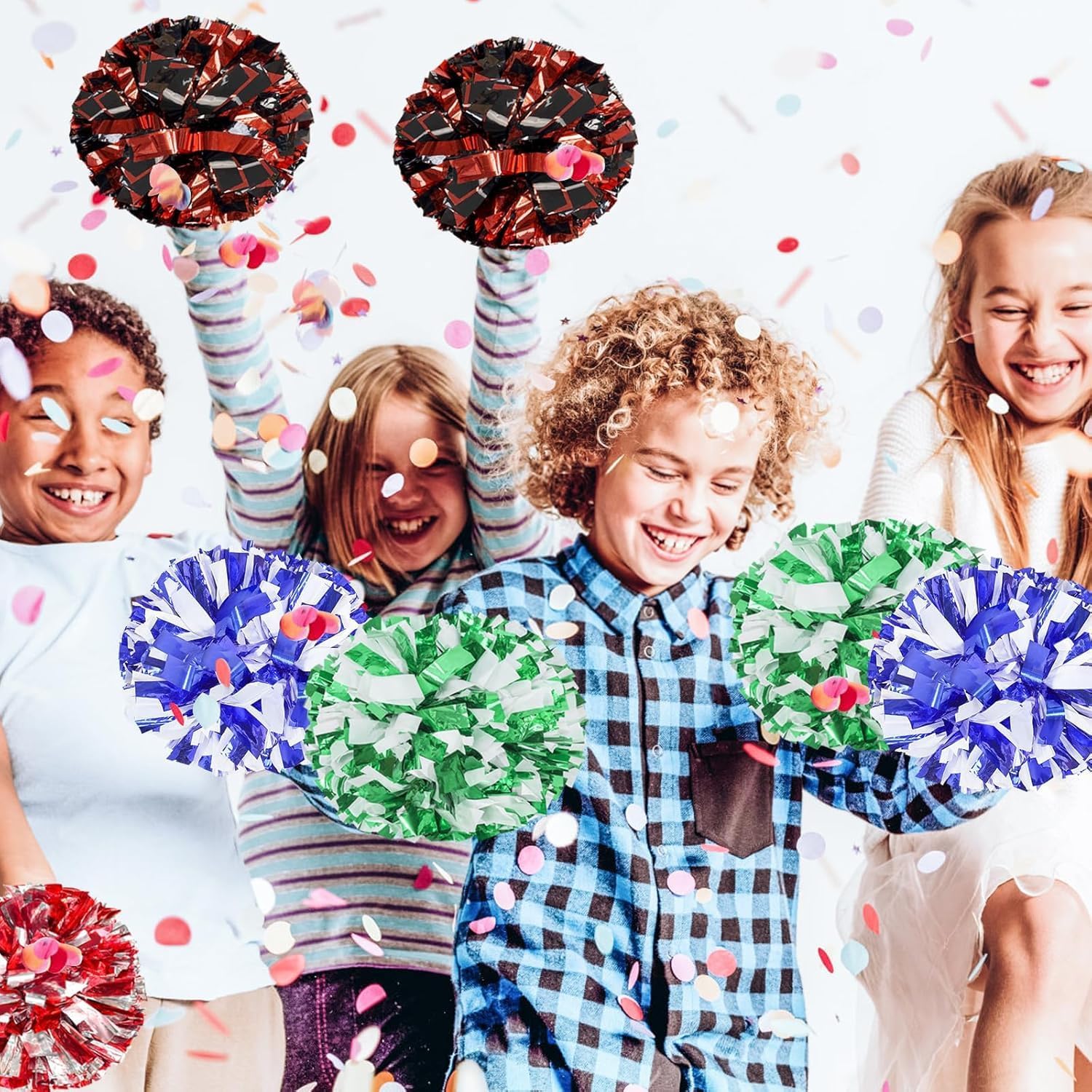 EONQY 12 Pcs Cheerleading Pom Poms Cheerleader Squad Spirited Fun Pompoms 10 Inch Metallic Foil Cheer Pom Poms with Handle Flowers for Sport Team Dance Party