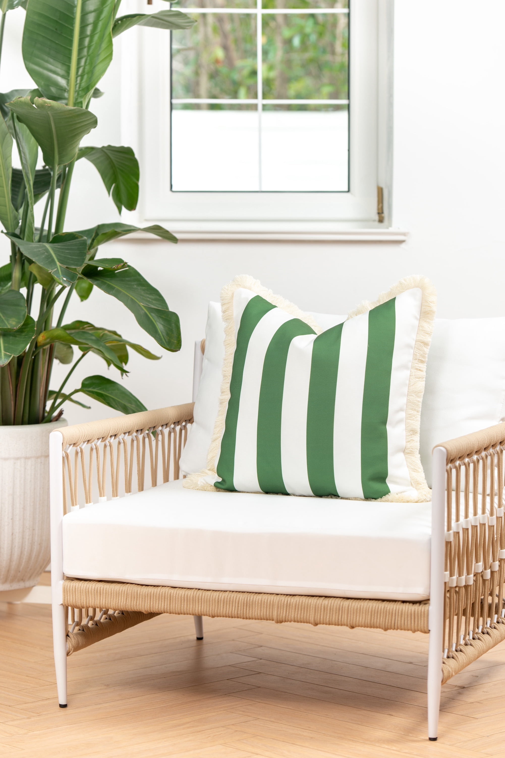 Hofdeco Premium Coastal Patio Indoor Outdoor Pillow Cover Only, 20"x20" Water Resistant for Backyard, Couch, Green Stripe Fringe