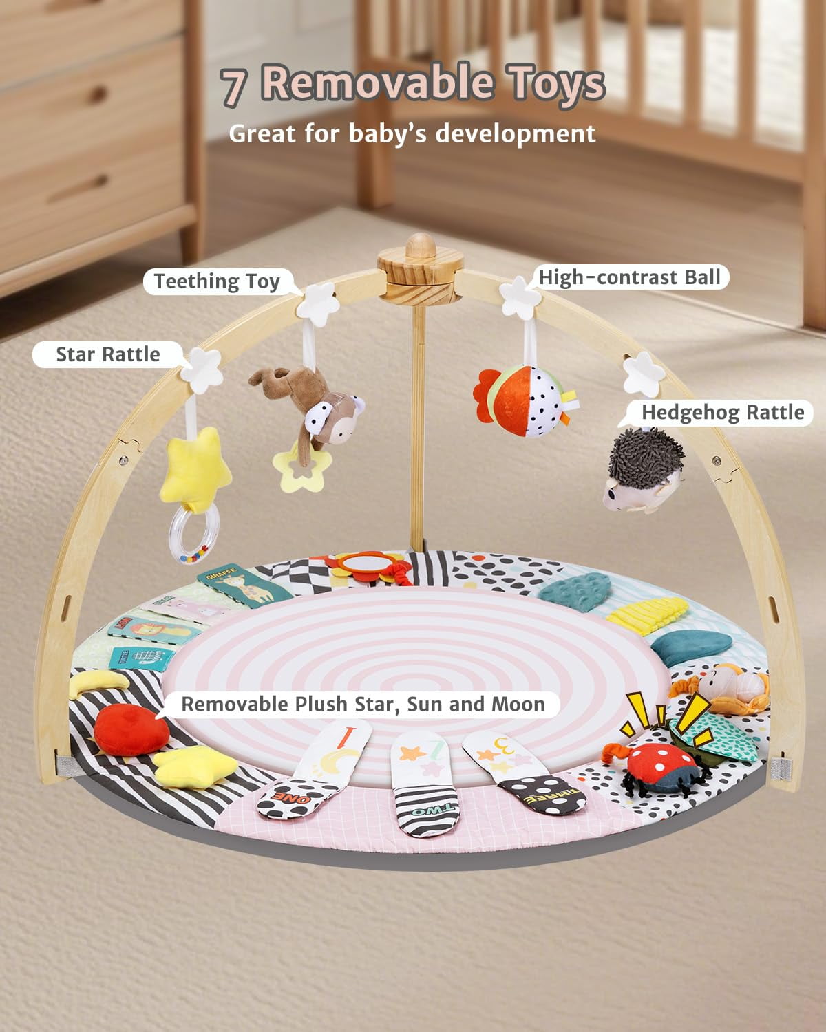 PRVAETU Wooden Baby Gym Play Mat, Foldable Tummy Time Playmat W/ 7 Detachable Toys for Infant Newborn Toddler Motor Skills Sensory Development,Pink