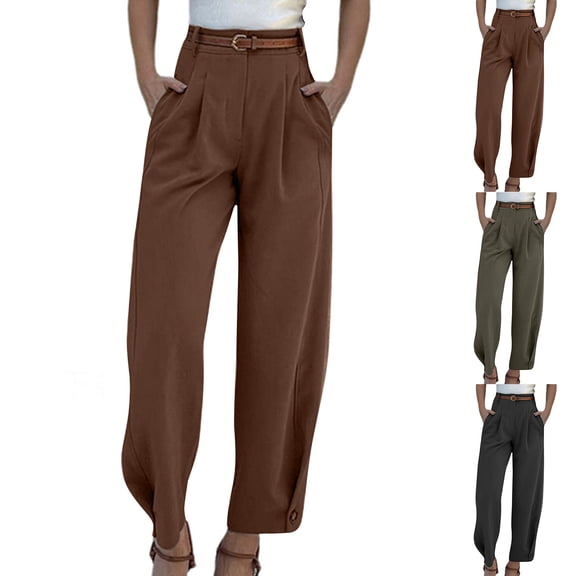 Frostluinai High Waist Dress Pants for Women Solid Flat Front Work Trousers Pants Baggy Casual Dressy Pants with Button Ankle Cuffs