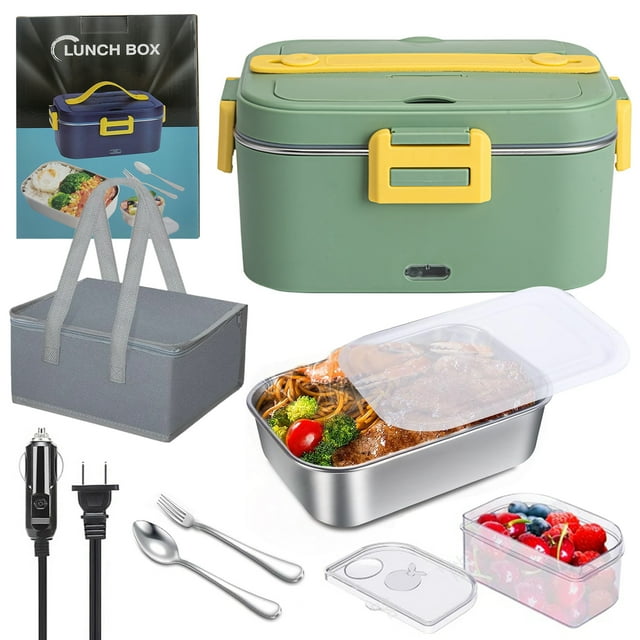Labymos 1.8L Portable Electric Lunch Box with Stainless Steel Inner, Dual Voltage 110V/12-24V, PTC Heating, Green ABS Design, Includes Utensils & Carry Bag