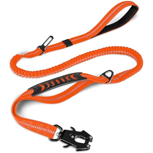 wonima02 Tactical Dog Leash Heavy Duty, 4-6FT Shock Absorbing Bungee Lead with 2 Padded Handle, Metal Carabiner Clip, Car Seatbelt, Strong No Pull Leash for Medium Large X-Large Dogs, Orange